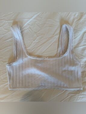 White Ribbed Lace-Trim Tank Top